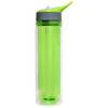 A drink bottle with a transparent body and bright green lid, featuring a spout and a logo on the side.