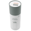 A drink bottle with a sleek design in clear glass and a grey cap, featuring a stainless steel infuser.