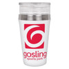 A drink bottle in white with a stainless steel band, featuring a logo in red.