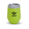 A green tumbler with a clear lid and a logo, designed for drinks, displaying a sleek, modern finish.