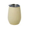A drink bottle in a soft yellow hue with a stainless steel lid and a sleek, contoured design. It features a logo.