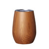 A drink bottle in a wood finish with a stainless steel lid, featuring a logo on its surface.
