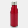 A drink bottle in vibrant red with a stainless steel cap, featuring a sleek design and a logo.