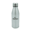 A drink bottle in silver aluminium with a stainless-steel screw top and a logo printed on the side.