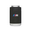 A black stubby cooler with a silver base, featuring a branded logo on the front.