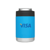 A drink holder featuring a blue exterior and a silver base, with a logo on the front.