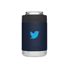 A drink cooler in navy blue with a silver bottom and a logo. Ideal for holding beverages.
