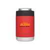 A red stubby cooler with a black top, featuring a logo in the centre. Suitable for holding drink cans.