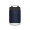 A navy blue stubby cooler made from stainless steel with a grey top. It features a logo on the surface.