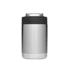 A stainless steel stubby cooler with a black silicone band, featuring a logo. Ideal for keeping drinks cold.