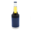 A drink bottle holder in navy with a silver base, designed to keep beverages cool.