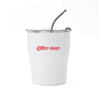 A drink bottle with a white exterior, featuring a clear lid and straw, and has a logo on its side.