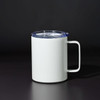 A drink bottle in white with a blue lid, featuring a handle and a logo on the side.