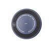 A blue pet bowl with a textured bottom, featuring a stainless steel interior and a branding logo.