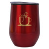 A drink bottle in a shiny red finish with a silver lid and a logo design.