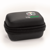 A black zippered case with a logo on the top, designed for travel accessories.