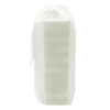 A white pouch containing a stacking puzzle set. The pouch is cinched at the top with a drawstring.
