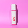 A highlighter in white with a pink cap, featuring a logo on its side, set against a pink background.