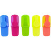 A drink bottle filled with five highlighters in blue, pink, green, yellow, and orange, with a logo on the bottle.