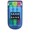 A set of highlighters in a blue case featuring green, pink, and yellow colours, with a logo on the front.