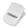 A white magnetic clip with a textured grip and a logo, designed for holding papers or other items.