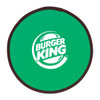 A green fold-up flying disc with a brown edge and a logo in the centre.