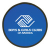 A blue fold-up flying disc with a black edge and a logo in the centre.