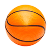 An orange squeeze basketball with black lines, designed as a stress ball. It has a textured surface.