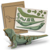 A wooden model of a Tuatara in green and brown, with assembly instructions and parts displayed on a card.