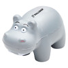 A grey hippo stress toy with large eyes and white teeth, featuring a logo on top.