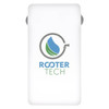 A white power bank with a rounded shape, featuring a logo on the front.