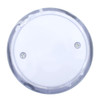A clear LED light-up yo-yo with a smooth surface and visible internal mechanism. It features a small logo.