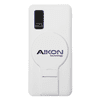 A white power bank with a circular pop-out stand and a logo, featuring a sleek, compact design.