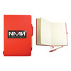 A red recycled notebook with an elastic closure, featuring a logo, and includes a pen beside it.