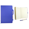A blue recycled notebook with a matching pen, featuring lined pages and a closure band.