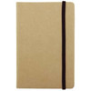A recycled notebook in a tan colour with a black elastic band. It has a simple, sleek design and a logo on the cover.