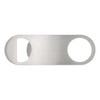 A drink bottle opener in stainless steel with a sleek, minimalist design and a circular opening for gripping.