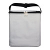 A grey insulated cooler bag with a zip closure and a black adjustable strap. It features a front pocket.