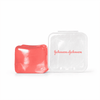 A red jelly cube sensory toy beside a transparent plastic case with a logo.