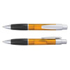 A plastic pen in orange and black, featuring a silver clip and accents, with a sleek design.
