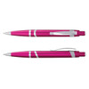 A pink plastic pen with silver accents, featuring a click mechanism and a clip for easy attachment.