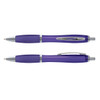 A translucent purple pen with silver accents, featuring a sleek design and a clip. Includes two views of the pen.