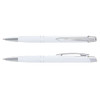 A white metal pen featuring a textured grip and chrome accents, displayed from two angles. It has a logo on the body.