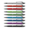 A collection of metal pens in various colours including white, red, green, blue, and purple, featuring silver accents.