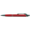 A metal pen in vibrant red with a textured grip and silver accents, featuring a clip and branding.
