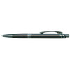 A metal pen in black with a textured grip and shiny accents, featuring a clip and a logo.