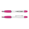 A multi-function pen with a white body and vibrant pink rubber grips. It features a silver clip and accents.
