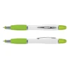 A multi-function pen featuring a white body with green grips and accents, alongside a clip and branding.