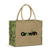 A jute tote bag with green and natural hues, featuring a logo and patterned sides.