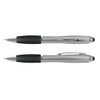 A sleek silver stylus pen with a black grip and a clip, featuring a branding logo.